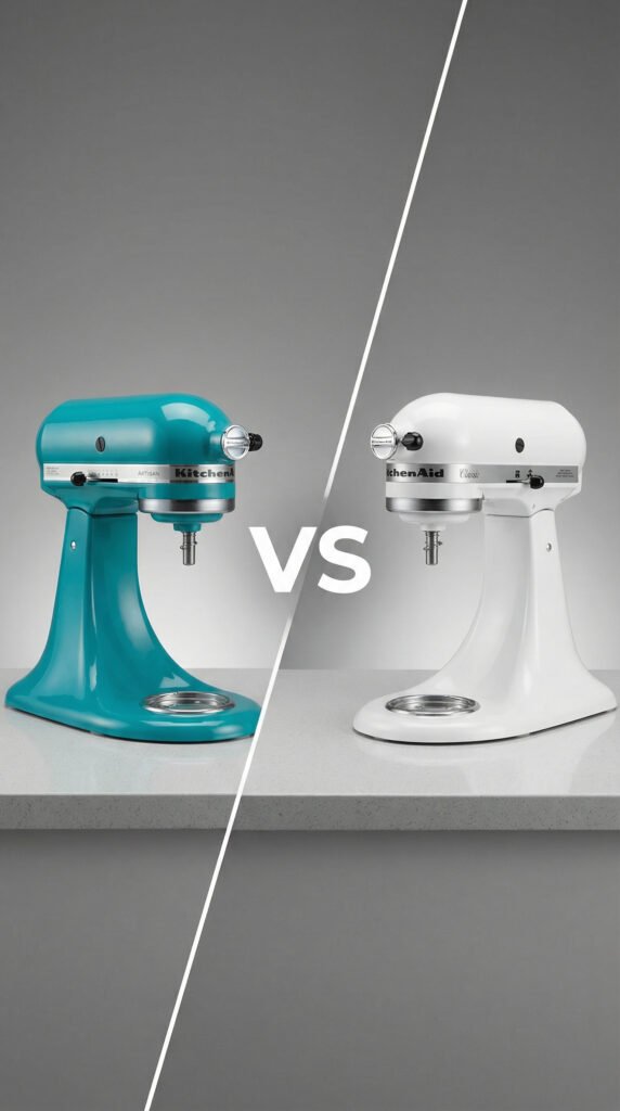 KitchenAid Artisan mixer on the left, its glossy surface reflecting professional studio lighting