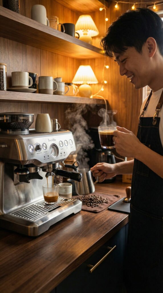 A skilled barista stands proudly at a luxurious home coffee station, the Breville Barista Express gleaming in brushed...