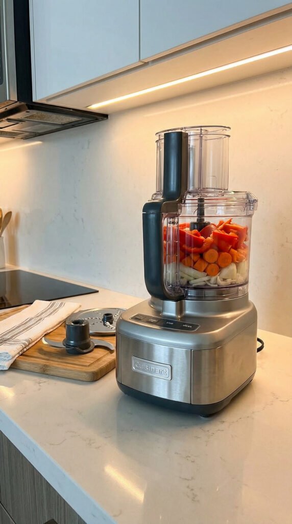 The scene opens with a sleek Cuisinart 14-cup Food Processor illuminated by bright, warm kitchen lighting, showcasing a...