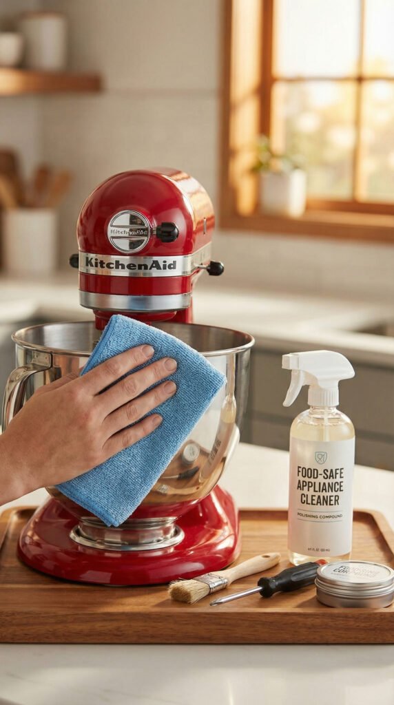 In a pristine kitchen bathed in soft, warm light, a person gently cleans a gleaming KitchenAid mixer with a vibrant...