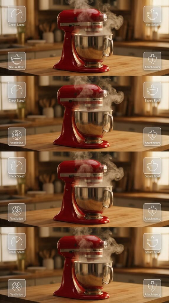 In a softly lit kitchen, a vibrant red KitchenAid mixer whirs softly, surrounded by delicate tendrils of artistic white...