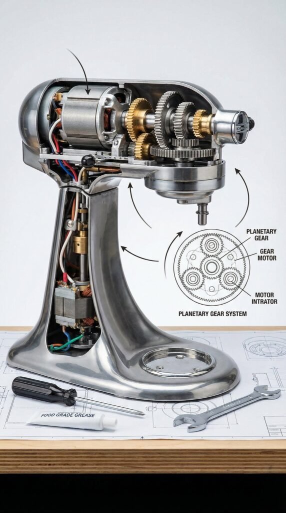 Show a KitchenAid mixer in a conceptual cutaway view, revealing its internal gears in intricate detail alongside an...
