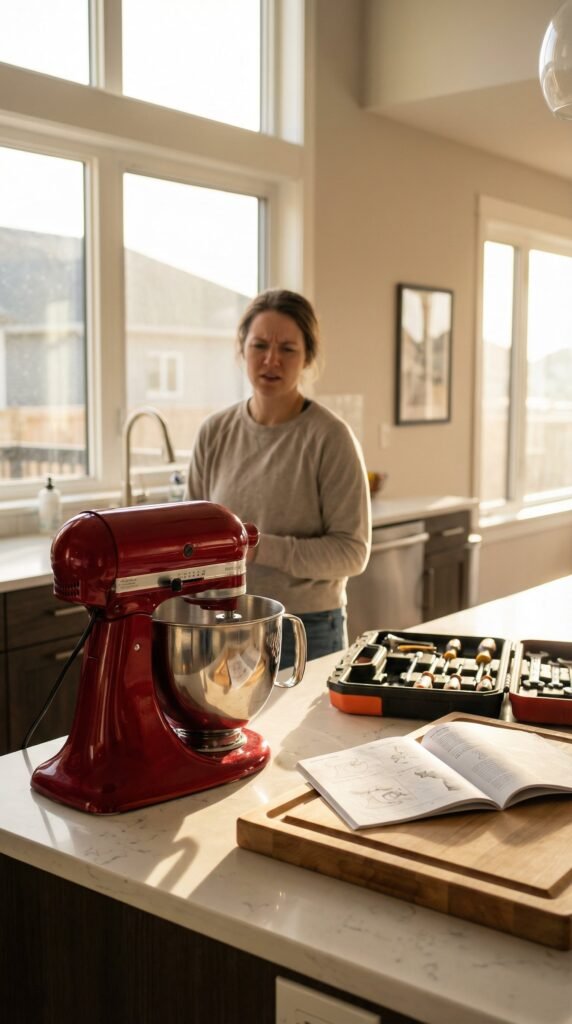 In a bright, modern kitchen, a worried user stands slightly blurred in the background, furrowing their brow as they...
