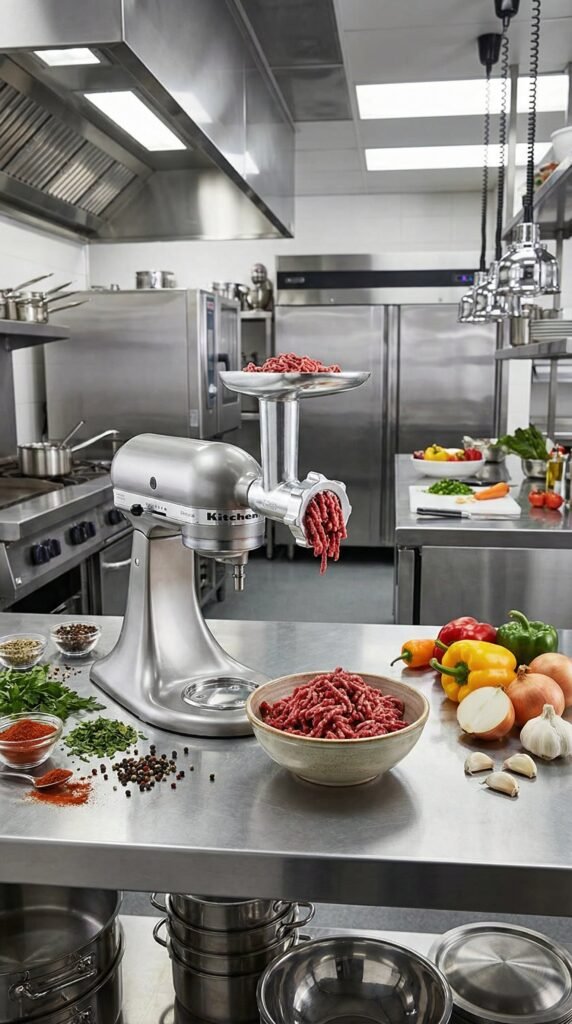 In a pristine professional kitchen, the KitchenAid food grinder attachment stands prominently, freshly ground meat...