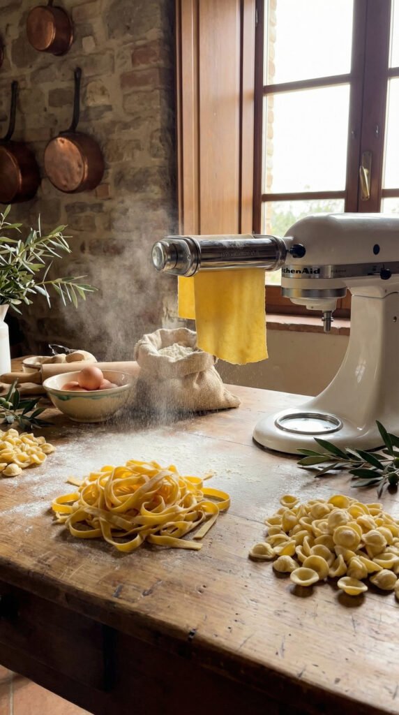 In a rustic Italian kitchen, the KitchenAid pasta roller attachment whirrs into action, fresh pasta sheets gliding...