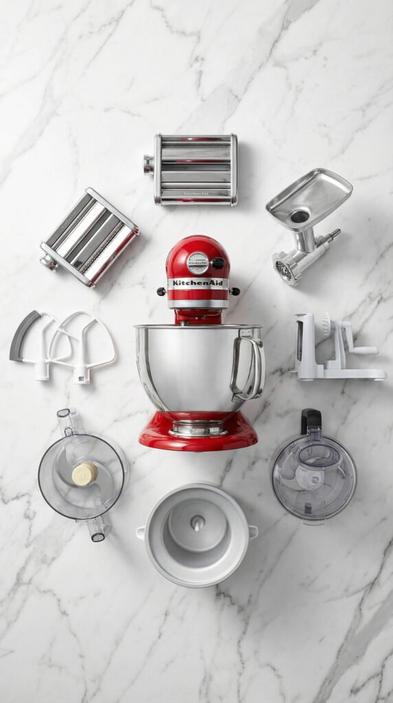 Create an organized flat-lay photograph featuring popular KitchenAid attachments-pasta roller, meat grinder, spiralizer,...