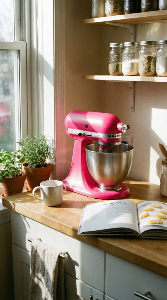 A bright hot pink KitchenAid Mini mixer (3