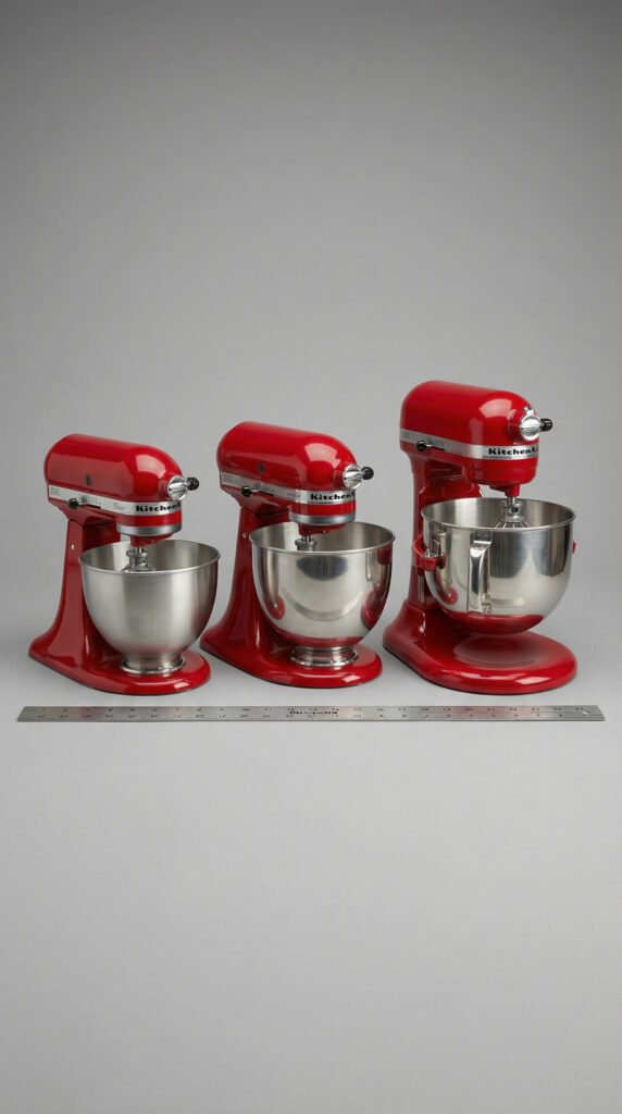 KitchenAid mixers aligned in a row, showcasing size progression a 4