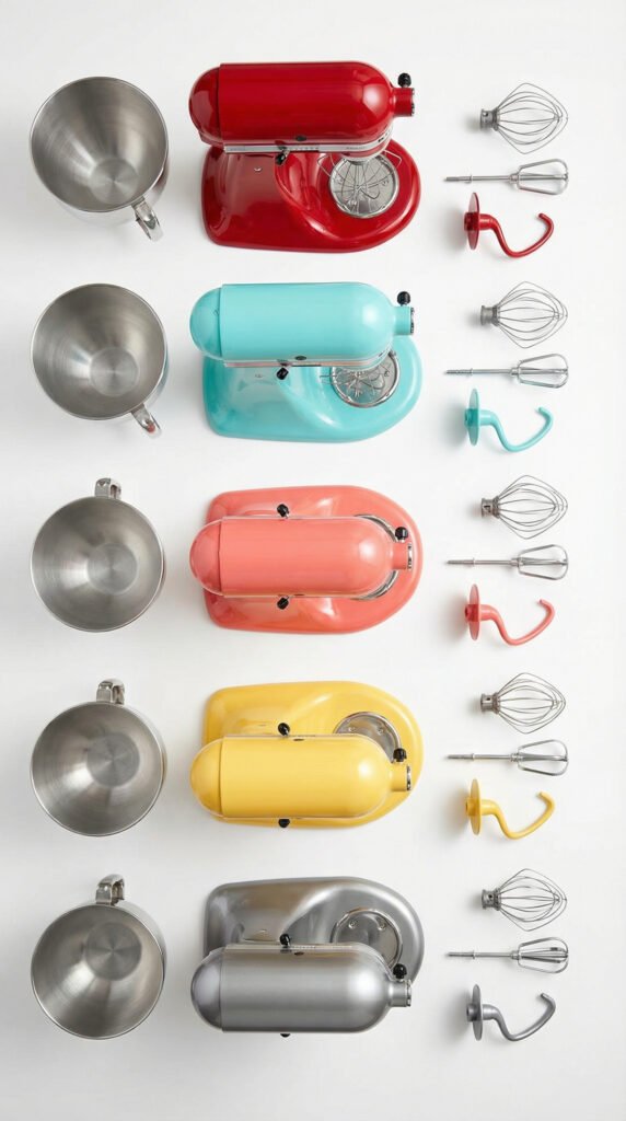KitchenAid mixers in a rainbow gradient a bold red, a refreshing teal, a playful pink, a sunny yellow, and a sleek silver