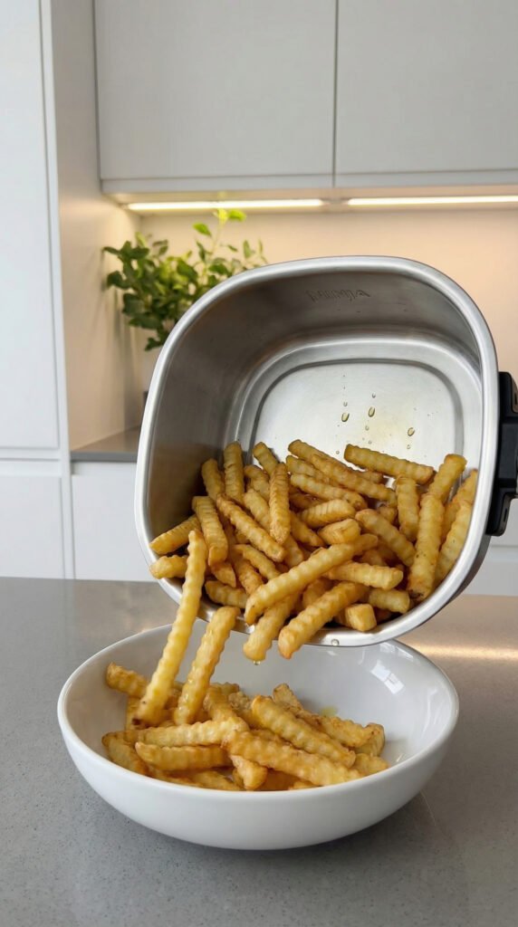 A sleek Ninja Air Fryer in a modern kitchen, gracefully releasing perfectly crispy golden fries from its basket