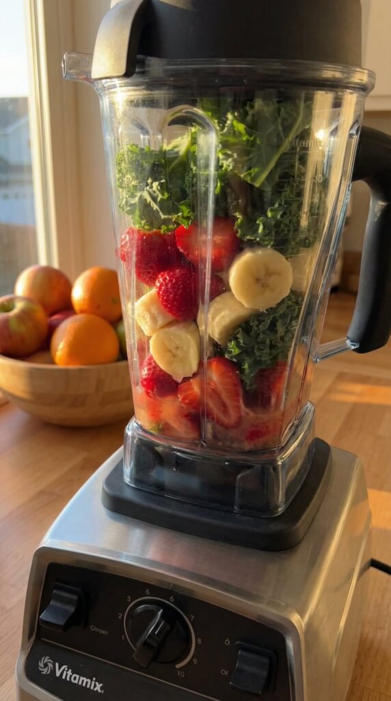 The scene opens with a close-up of the Vitamix high-performance blender whirring to life, vibrant fruits like ripe...
